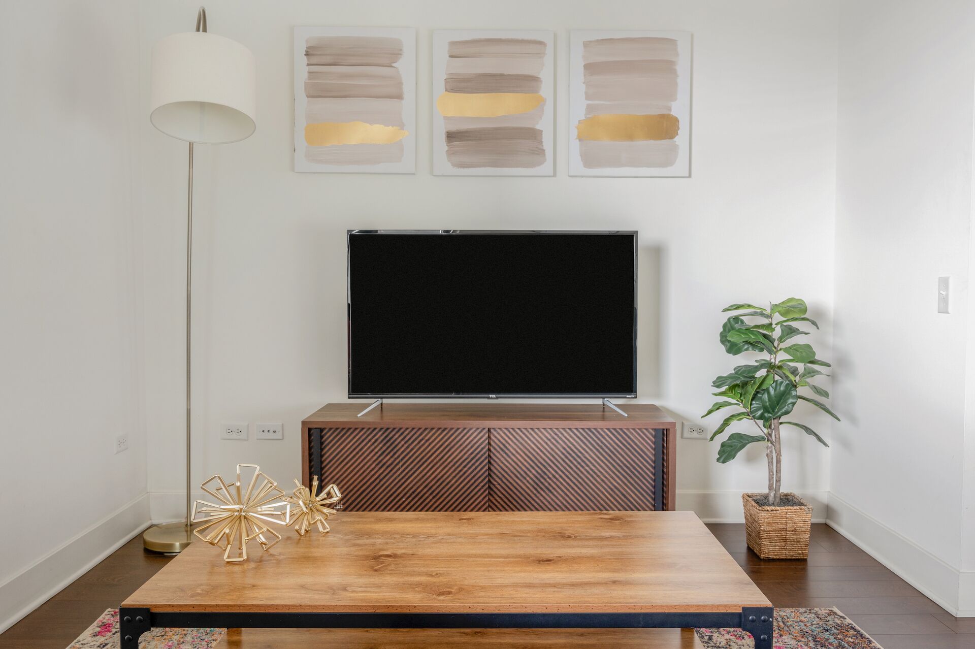A modern living room with a wooden coffee table, a flat-screen TV on a wooden stand, and a potted plant.