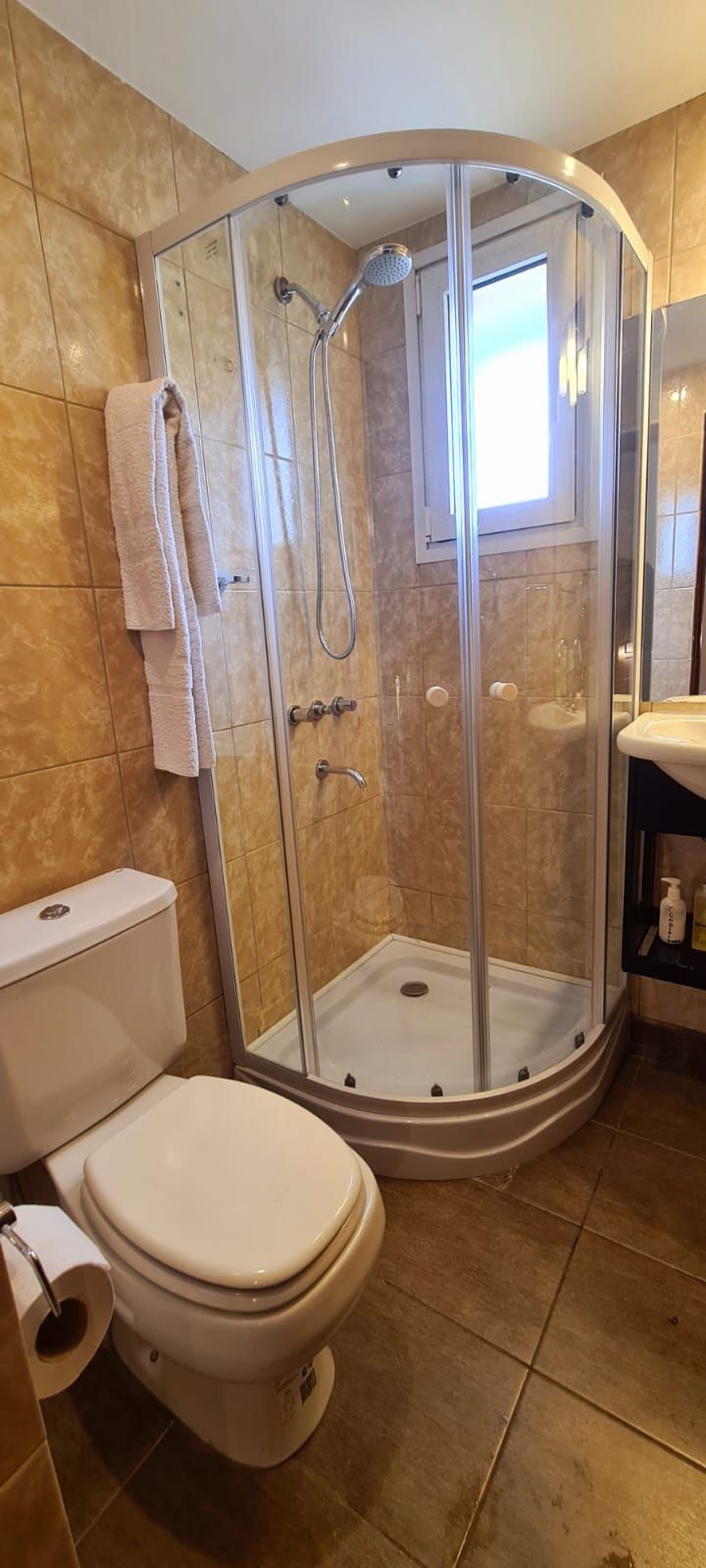 Un baño con ducha de vidrio, inodoro y lavamanos.