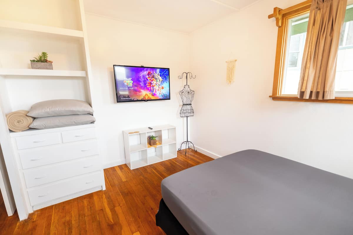 Un dormitorio con cama, televisión, cómoda, estante con plantas y ventana con cortinas.
