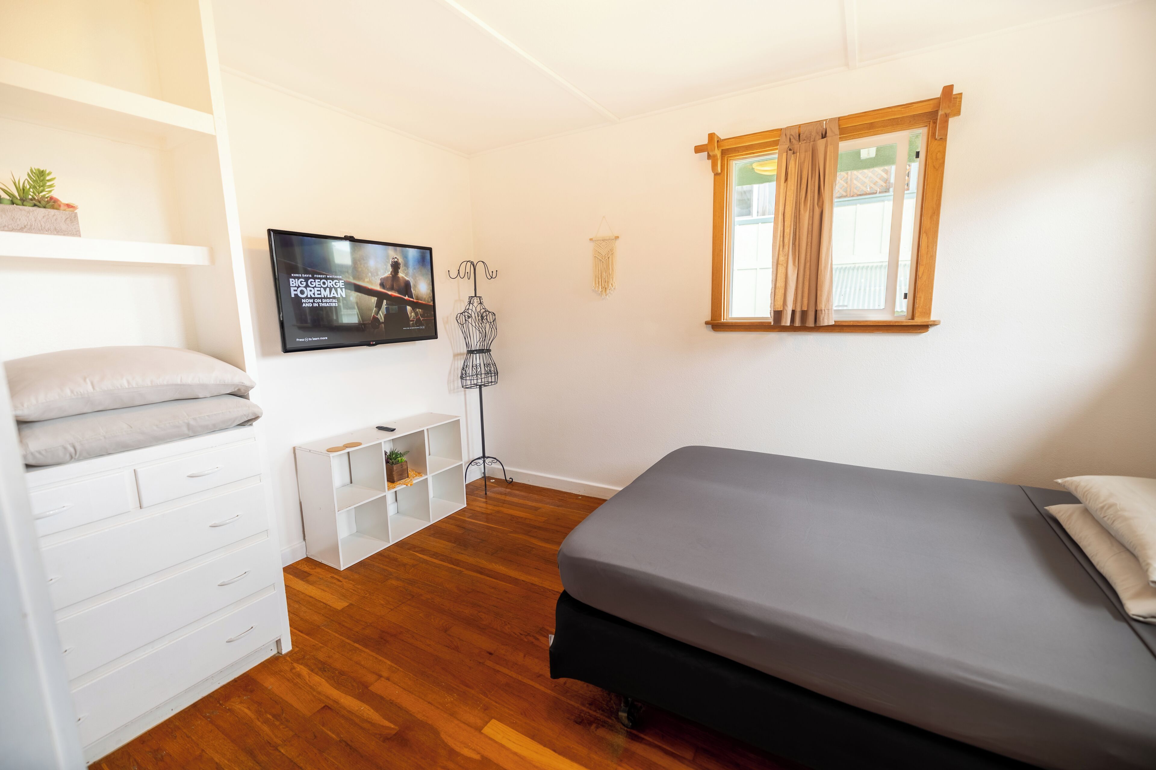 Un dormitorio con cama, televisor, armario, planta y ventana con cortinas.