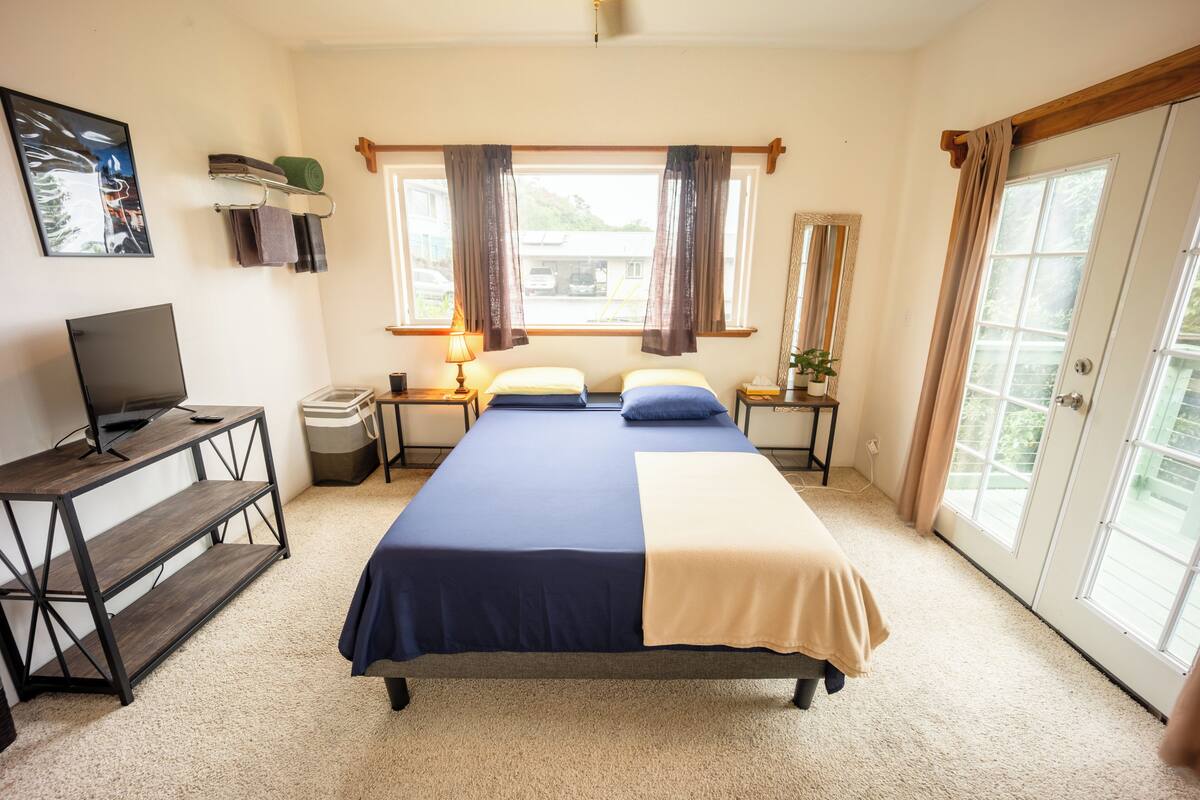 Un dormitorio con cama, televisor sobre un mueble, escritorio, lámpara, ventana con cortinas y puerta.
