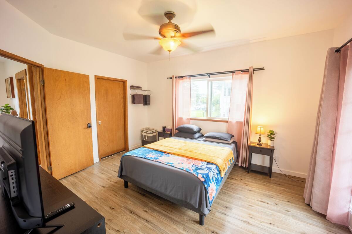 Un dormitorio con cama, ventilador de techo, televisor y escritorio.
