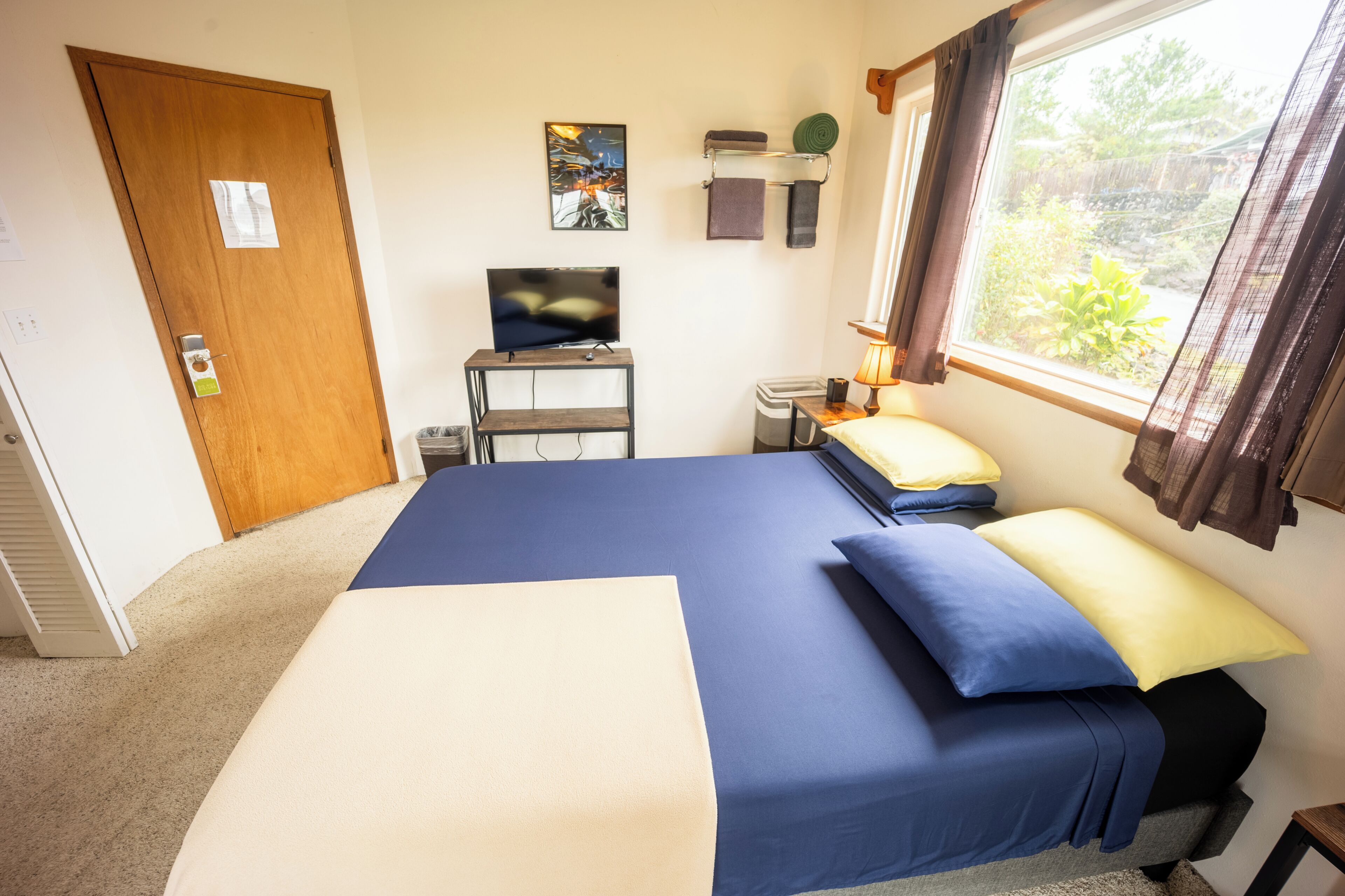 A bedroom with a bed, a television on a stand, a window with curtains, and a door.