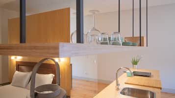 Fridge, microwave, stovetop, electric kettle