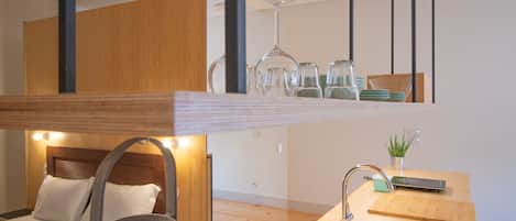 Fridge, microwave, stovetop, electric kettle