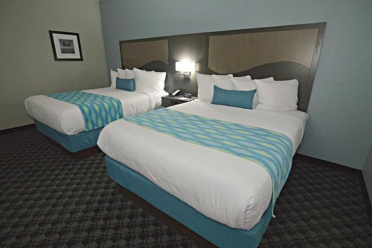 Pillowtop beds, desk, laptop workspace, iron/ironing board