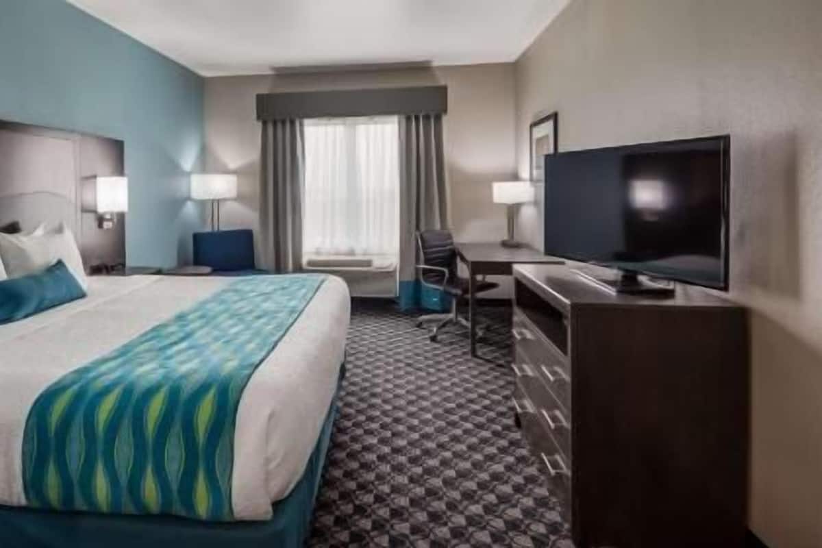 Habitación de hotel con cama, escritorio, televisión y ventana.