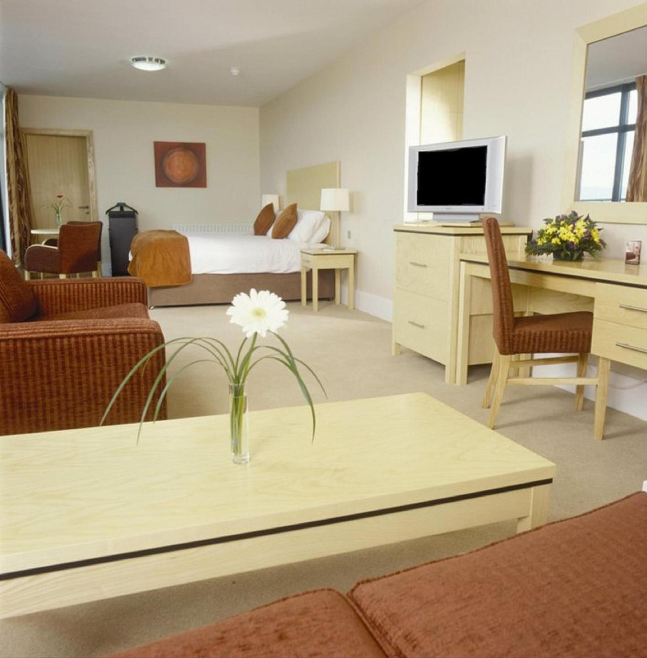 Een hotelkamer met een bed, een bureau, een stoel, een televisie en een vaas met een bloem.