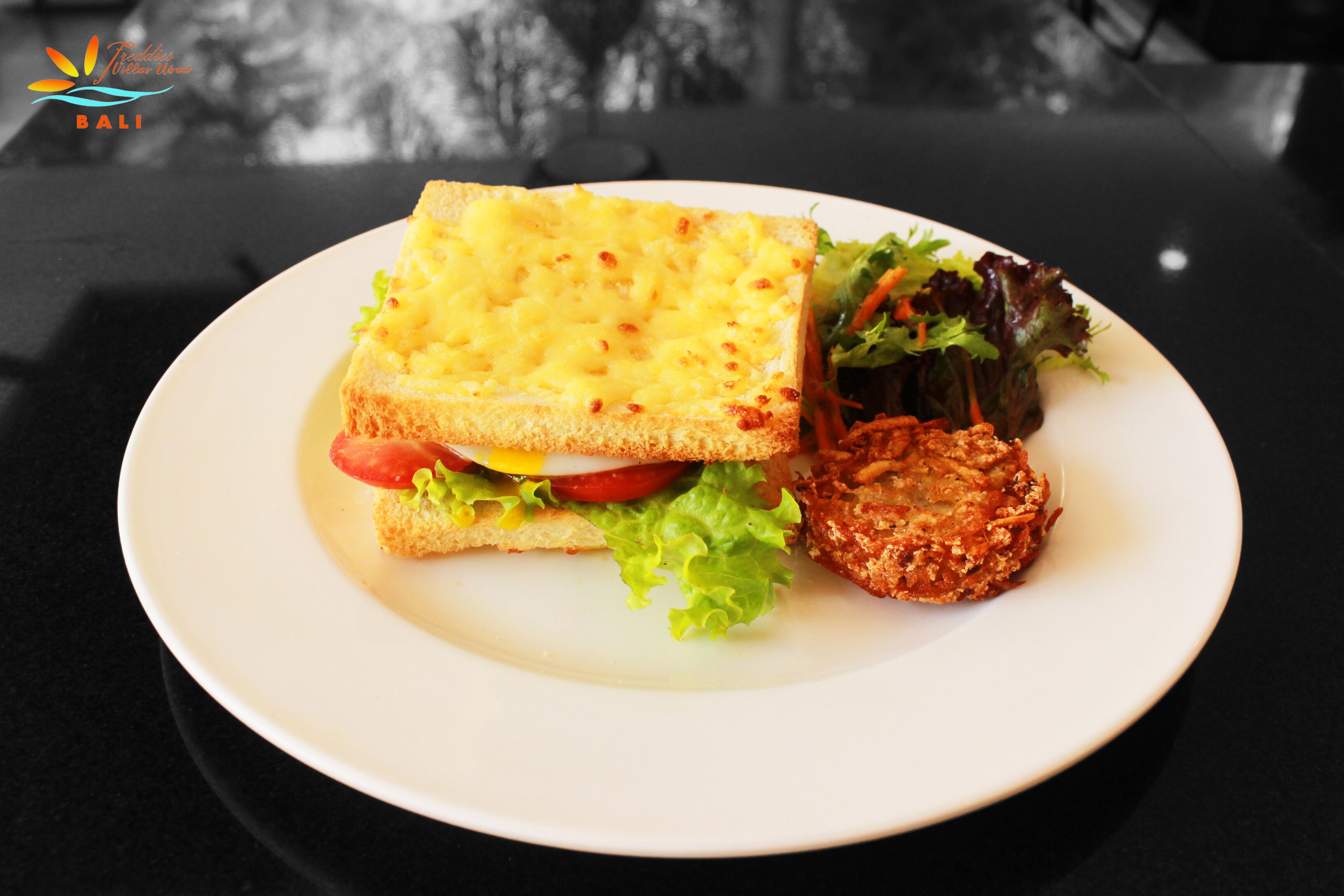 A plate with a sandwich, salad, and a fried item on a table.