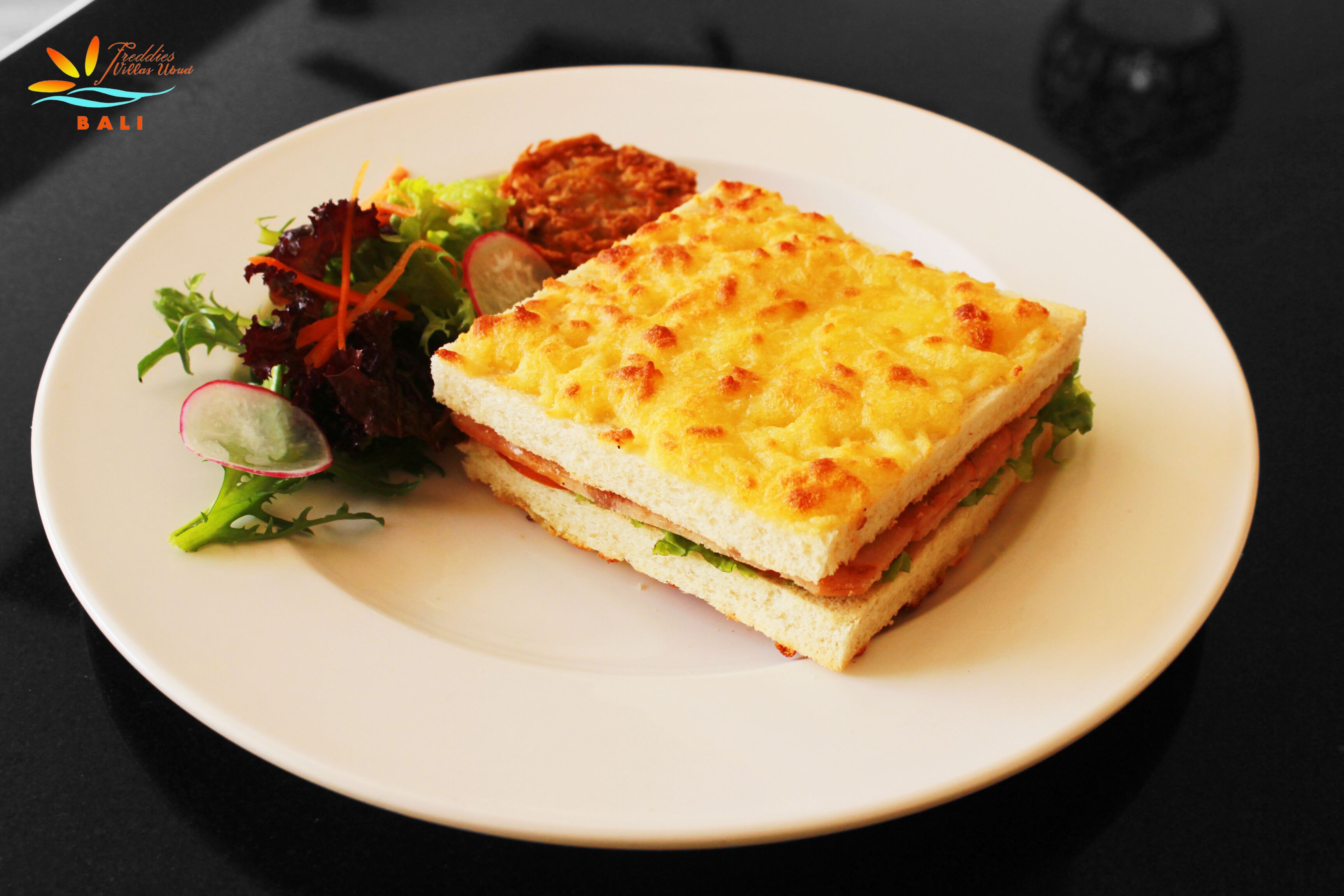 A sandwich on a white plate with a side salad.