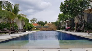 A swimming pool with lounge chairs and umbrellas, surrounded by greenery and a stone wall.