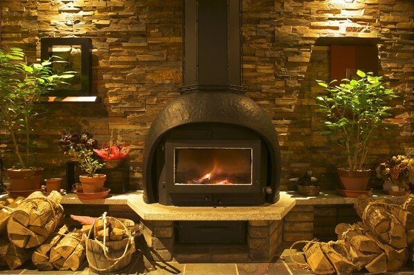 Chimenea de piedra con fuego, rodeada de plantas en macetas y leña.