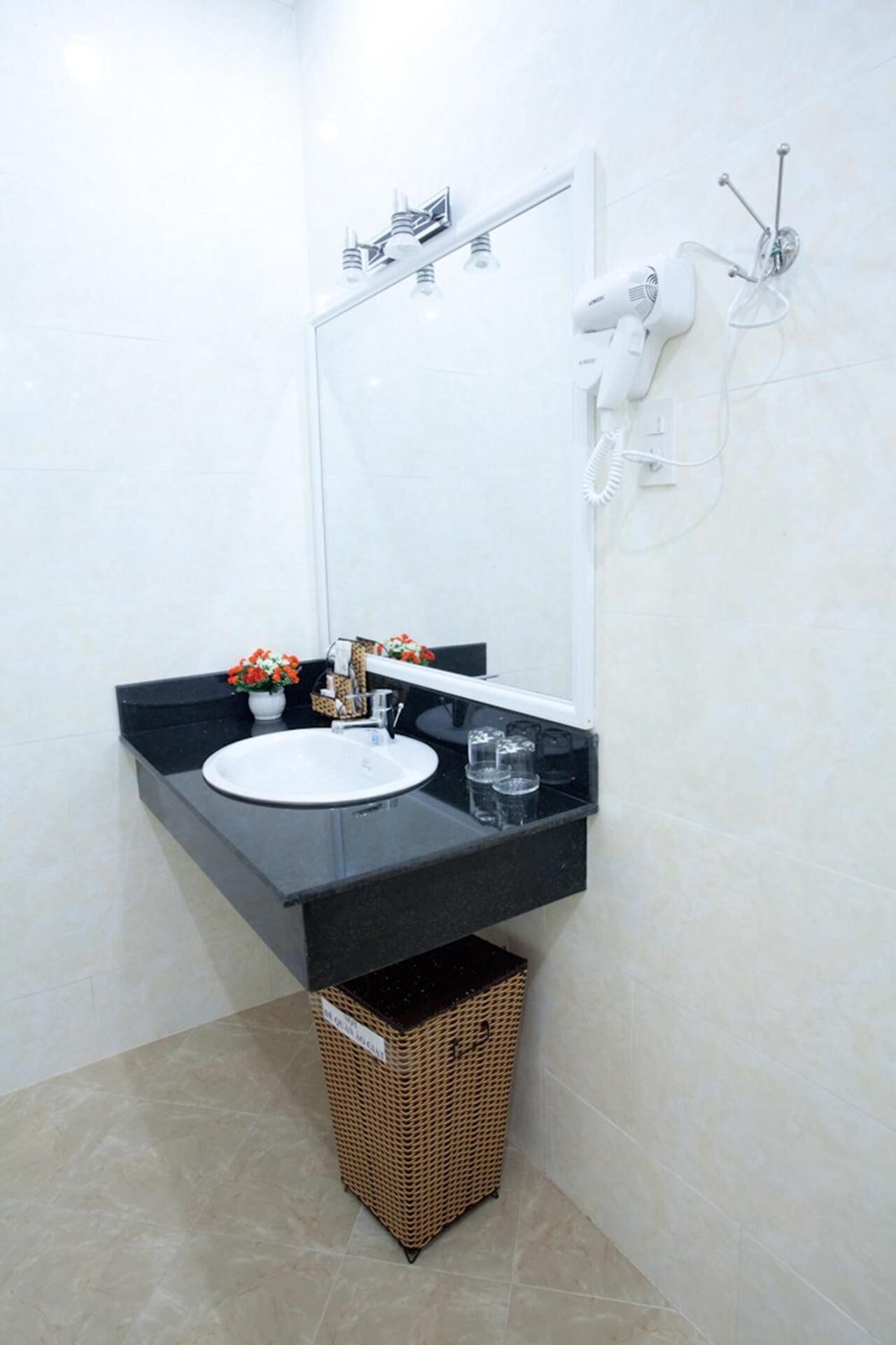 free toiletries, hair dryer, slippers, towels