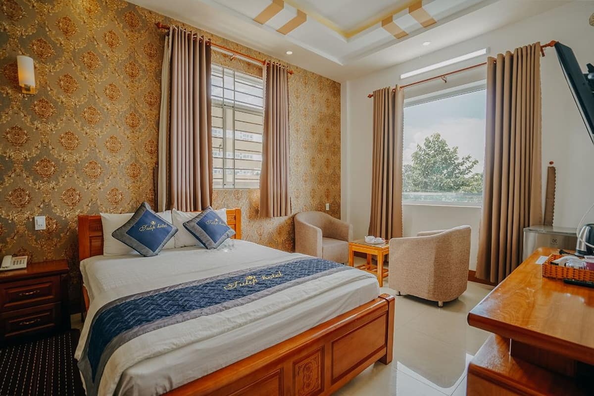 A hotel room with a large bed, two chairs, a desk, and a view of the outdoors.