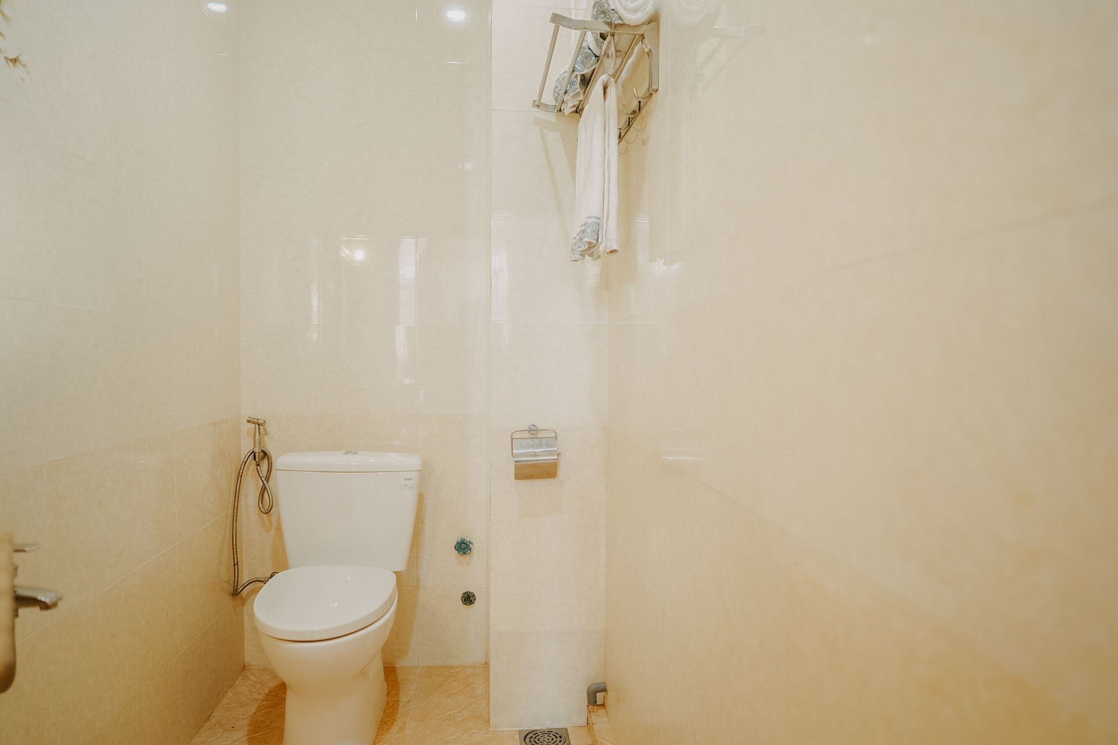 Ein Badezimmer mit Toilette, Dusche und Handtuchhalter.