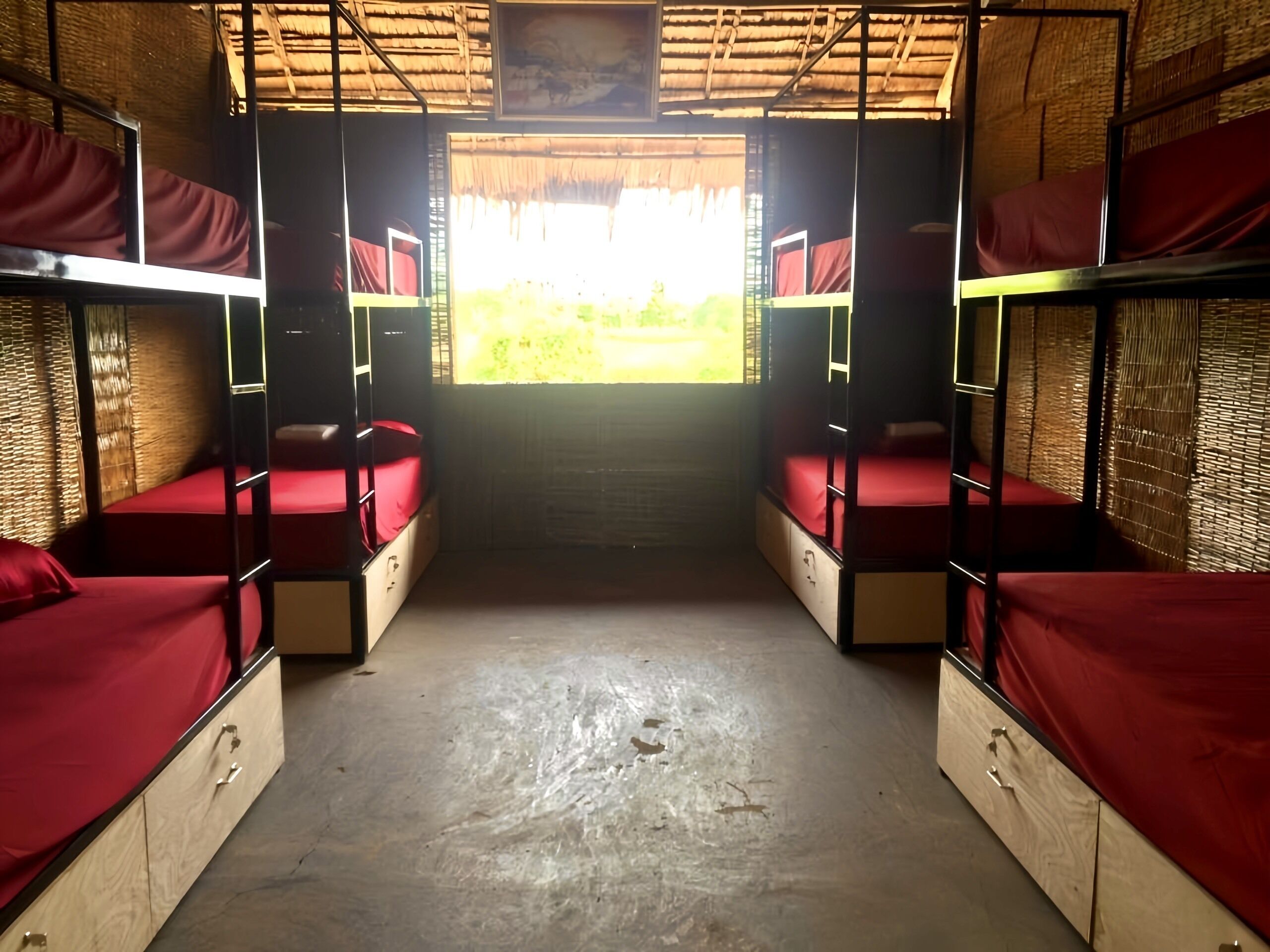 Ein Schlafsaalzimmer mit Etagenbetten, einem Betonboden und Blick auf Grünfläche vor den Fenstern.