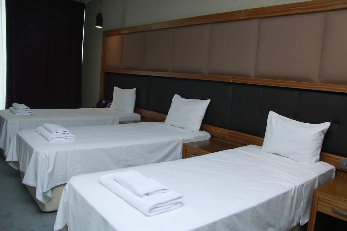 Premium bedding, desk, blackout curtains, soundproofing