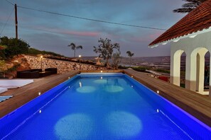 Outdoor pool, pool umbrellas, pool loungers