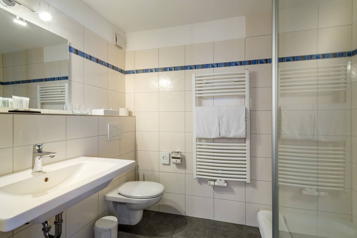 Une salle de bain équipée d’un lavabo, de toilettes et d’une douche à parois en verre.