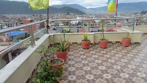A rooftop terrace with potted plants, a patterned floor, and a cityscape view in the background.
