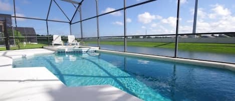 Seasonal outdoor pool, pool loungers