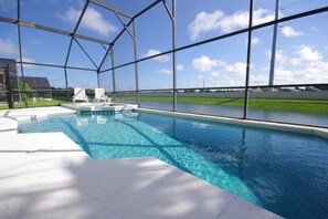 Seasonal outdoor pool, sun loungers