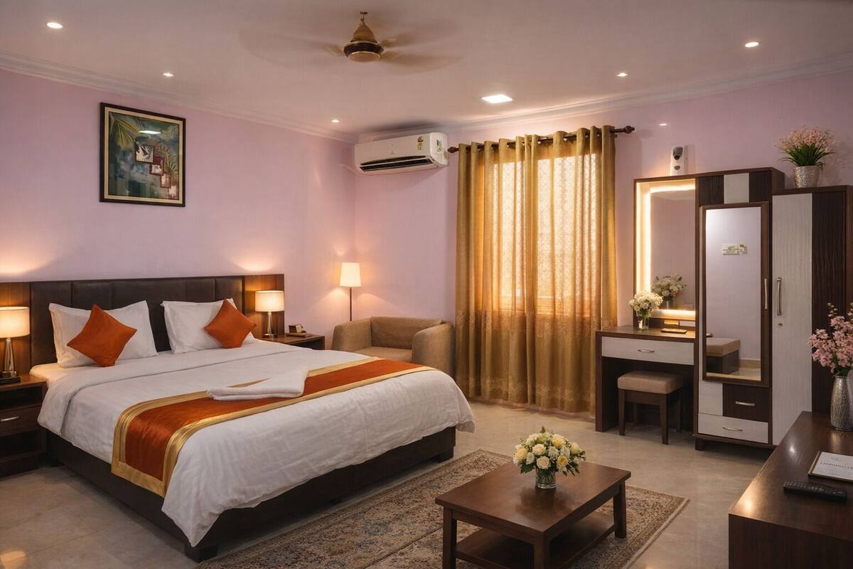 A hotel room with a large bed, a desk, a chair, a mirror, and an air conditioning unit.