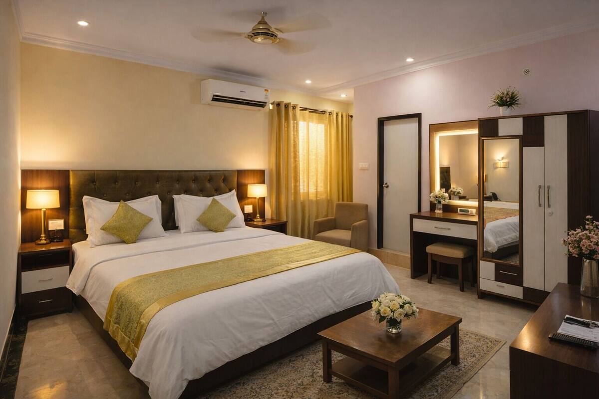 A hotel room with a large bed, bedside tables with lamps, a desk with a chair, a wardrobe, and an air conditioning unit.