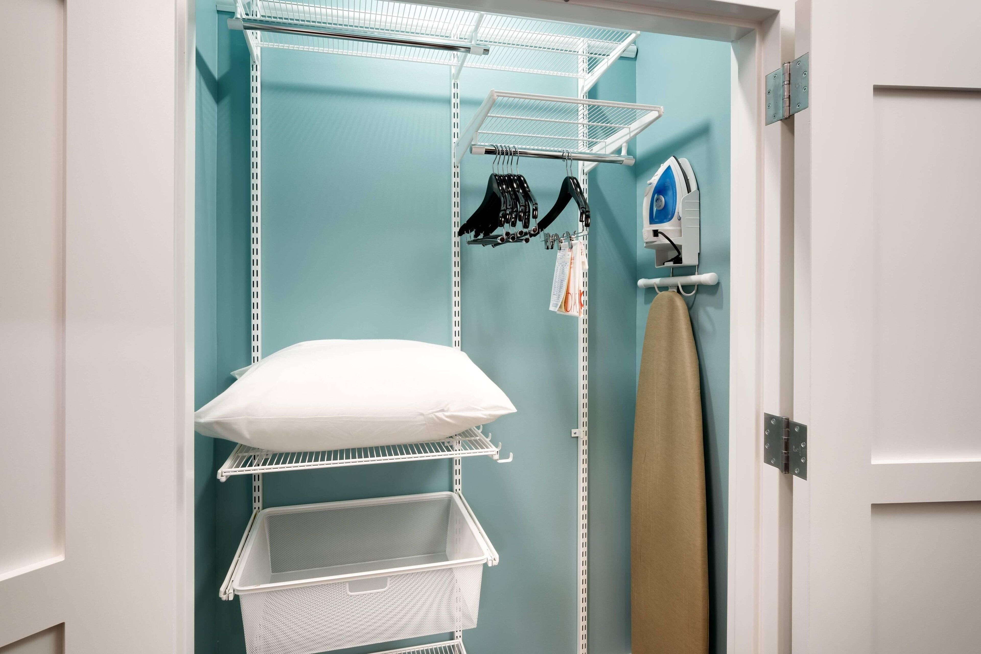 down duvets, desk, blackout curtains, iron/ironing board