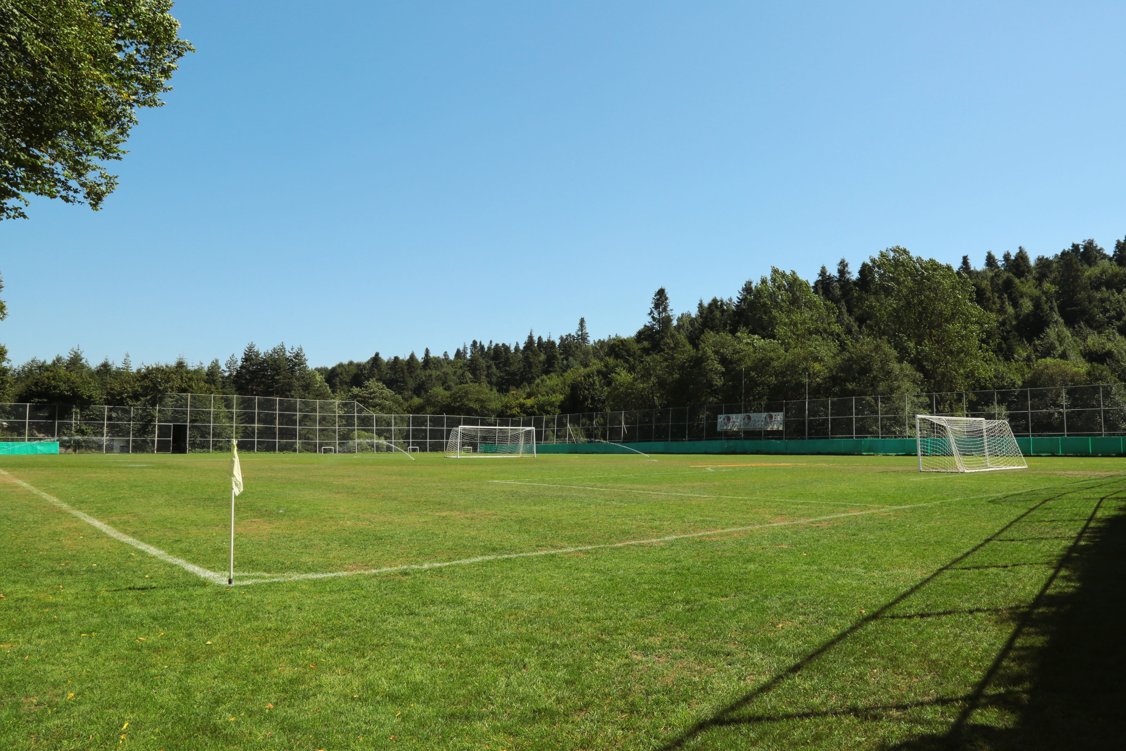 Un campo de fútbol con postes de portería y un asta de bandera, rodeado de una valla y árboles.