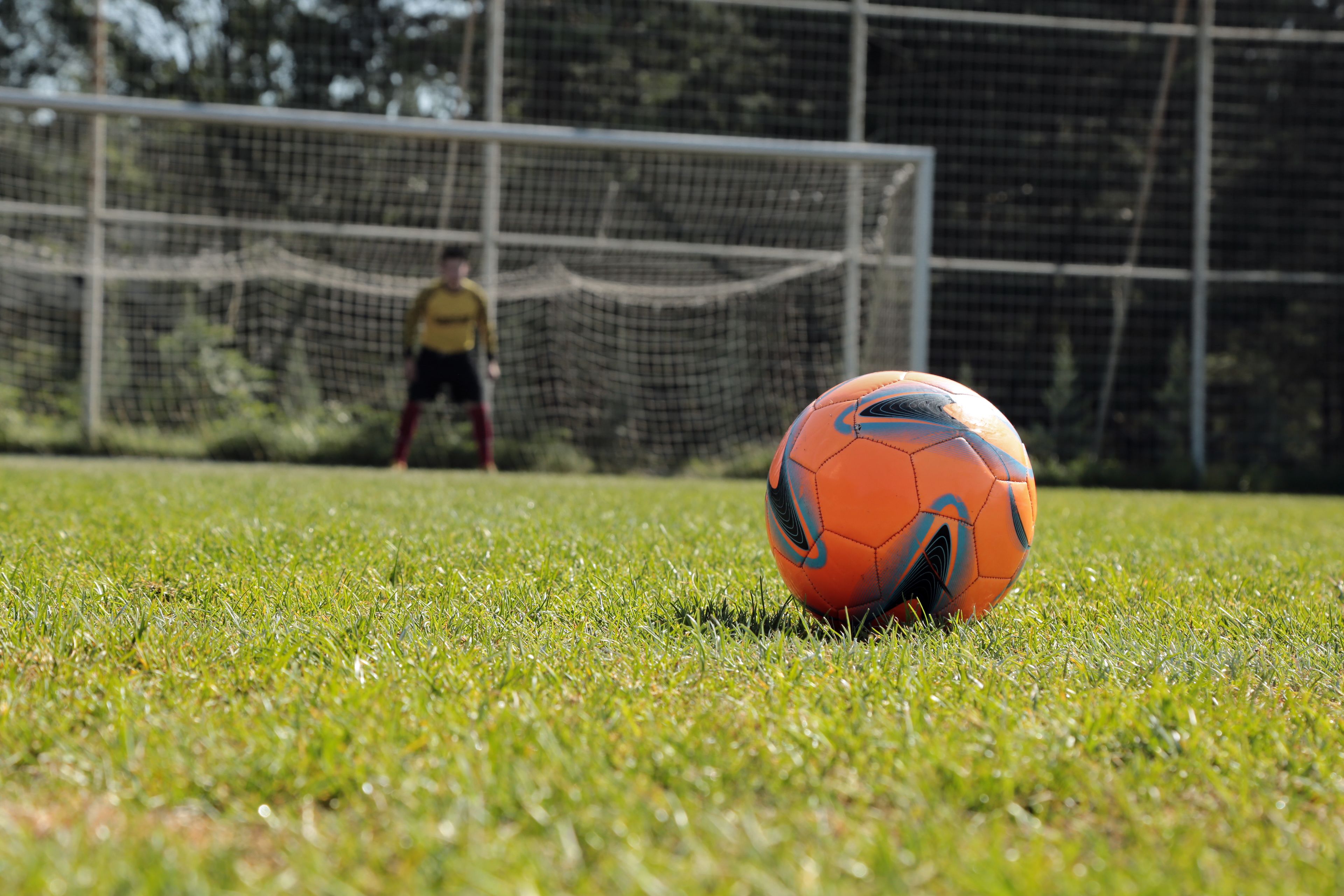 Un balón de fútbol sobre un campo de césped, con una red de portería y un portero al fondo.