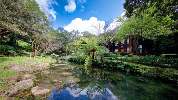 A serene pond with clear water reflecting trees and a building with a traditional design. - Yanmin Hot Spring Resort (Taipei)