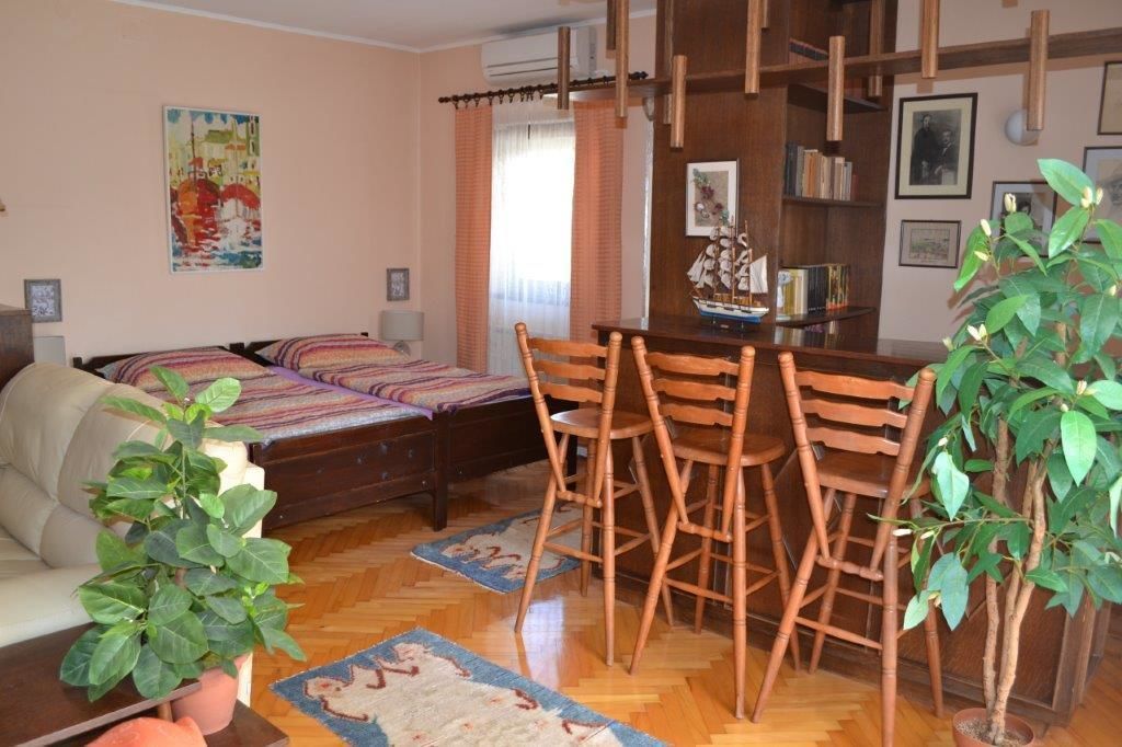 Une pièce confortable avec un lit, une table à manger entourée de chaises, une bibliothèque et une plante en pot.