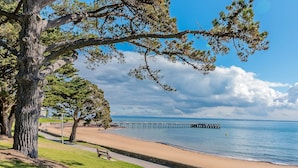 A beach with a pier extending into the water, surrounded by trees. - C-Scape by the Sea No.9 (Cowes)