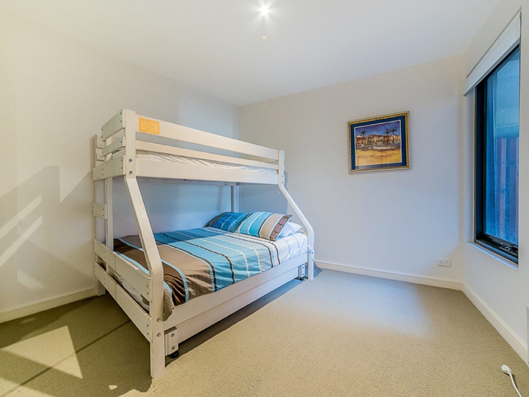 A bunk bed in a room with a large window, carpeted floor, and a framed picture on the wall.