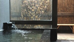 A modern indoor water feature with a clear view of a tree through a window. - Yadoya Tsubaki (Aomori)