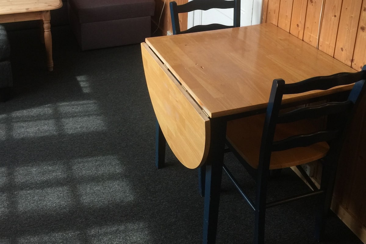 Ein Zimmer mit Holzwänden, einer Couch, einem Tisch und zwei Stühlen.