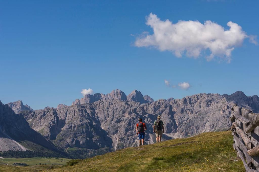 Dos excursionistas en una colina cubierta de hierba, con montañas al fondo.
