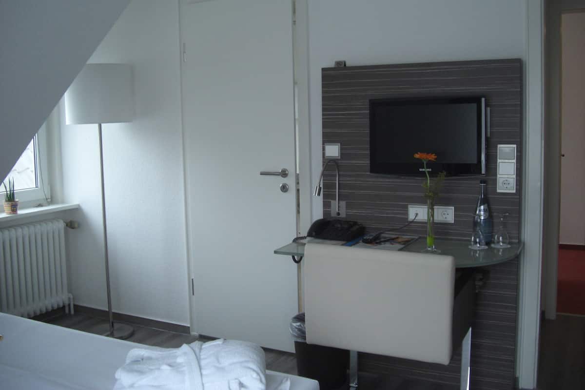 A hotel room with a white door, a desk with a flat-screen TV, a radiator, and a window with a plant.