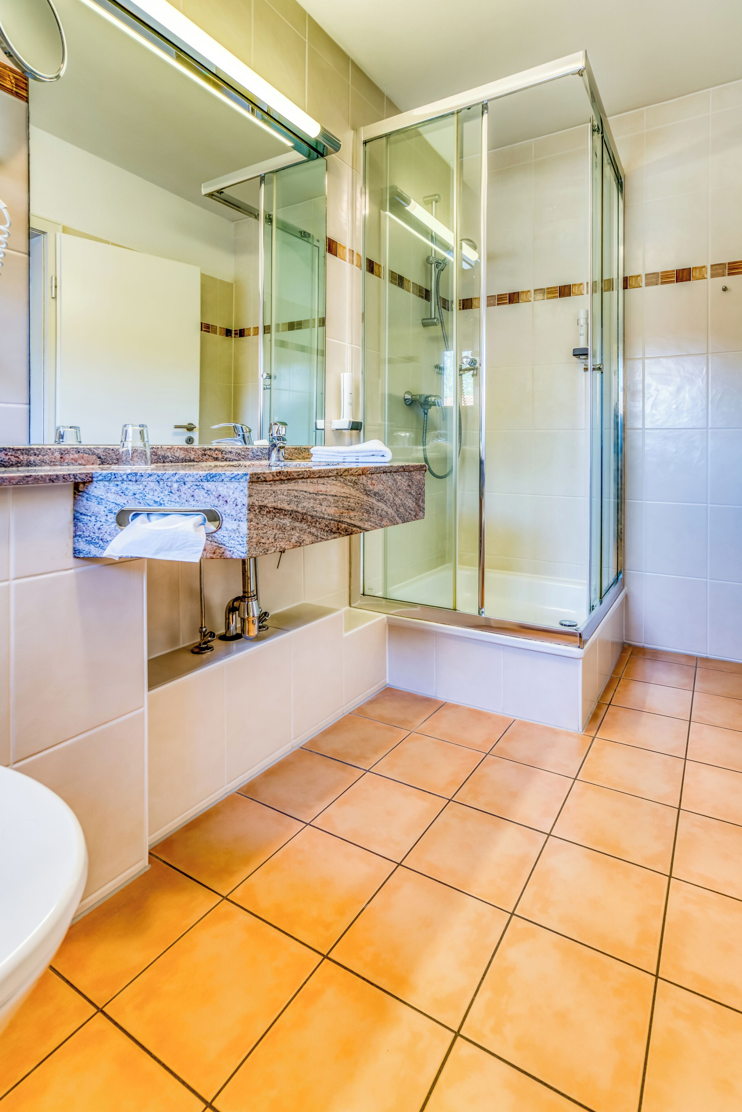 A bathroom with a glass-enclosed shower, a sink with a marble countertop, and a toilet.