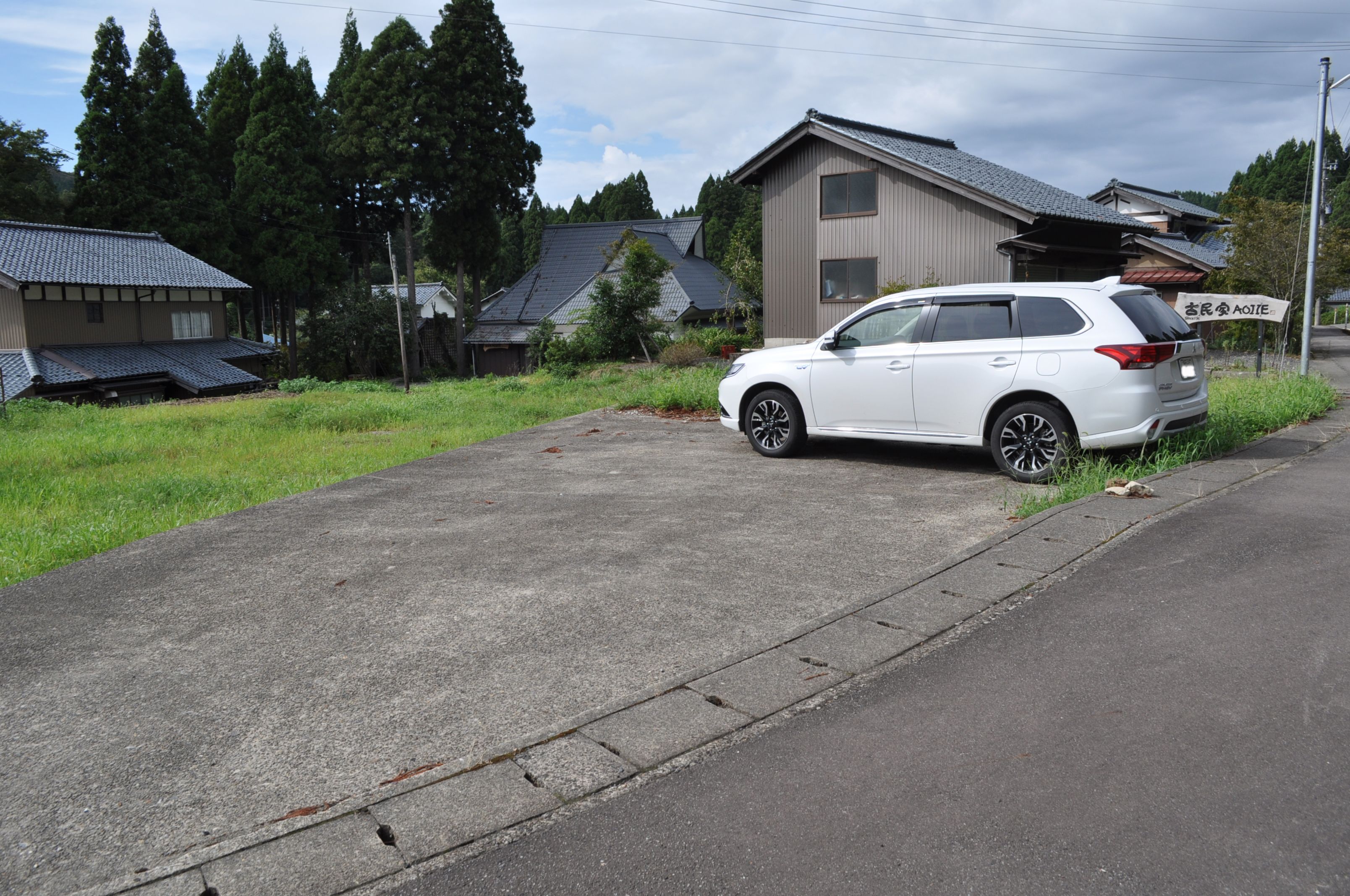 A white SUV parked on a residential street with houses and greenery in the background.
