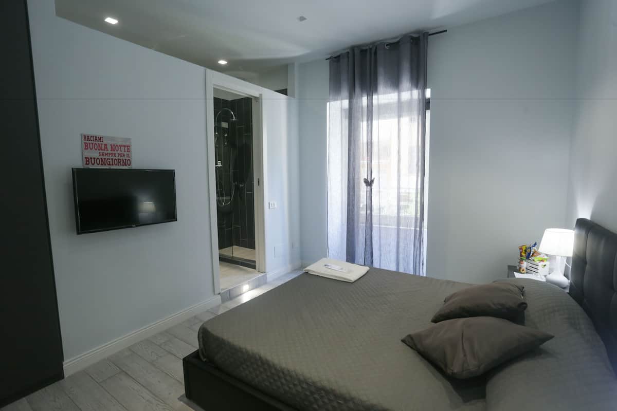 Een moderne slaapkamer met een groot bed, een aan de muur bevestigde televisie, een nachtkastje met een lamp, en een douchecel zichtbaar door een glazen deur.