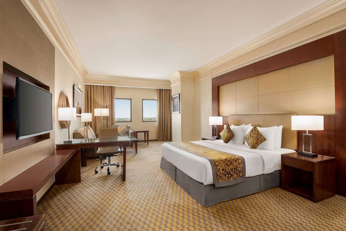 A hotel room with a bed, desk, chairs, TV, and a view of the outdoors.