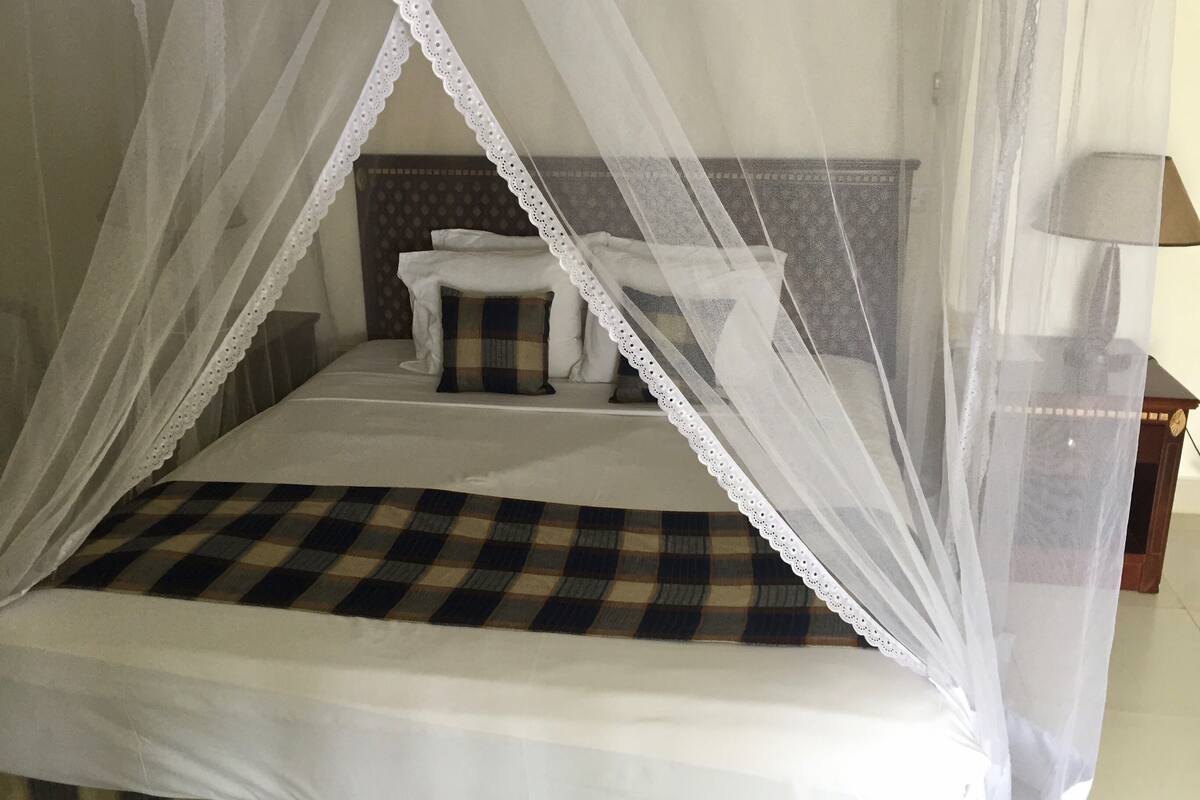 A bed with a checkered bedspread, white pillows, and a canopy with lace trim.