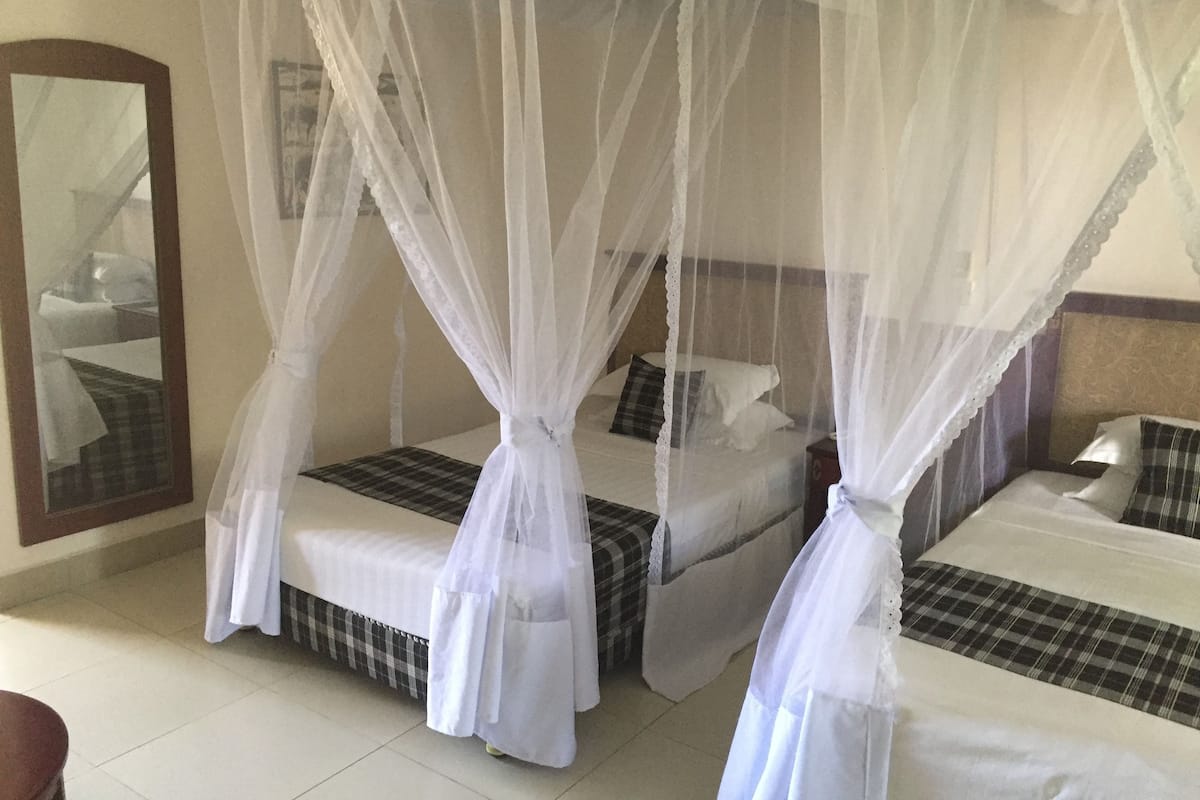 A hotel room with two beds, each with a canopy bedspread and a checkered bed skirt.