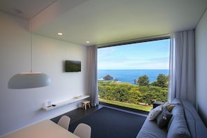 Leilighet – deluxe, 1 soverom | Oppholdsrom | En 43-tommers LED-TV med kabel-kanaler samt TV