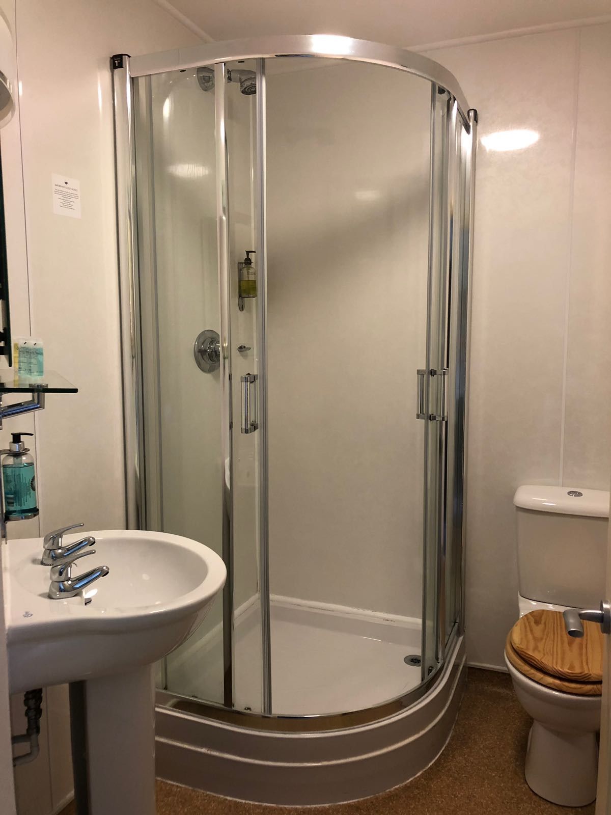 A corner bathroom with a glass-enclosed shower, a sink, and a toilet.