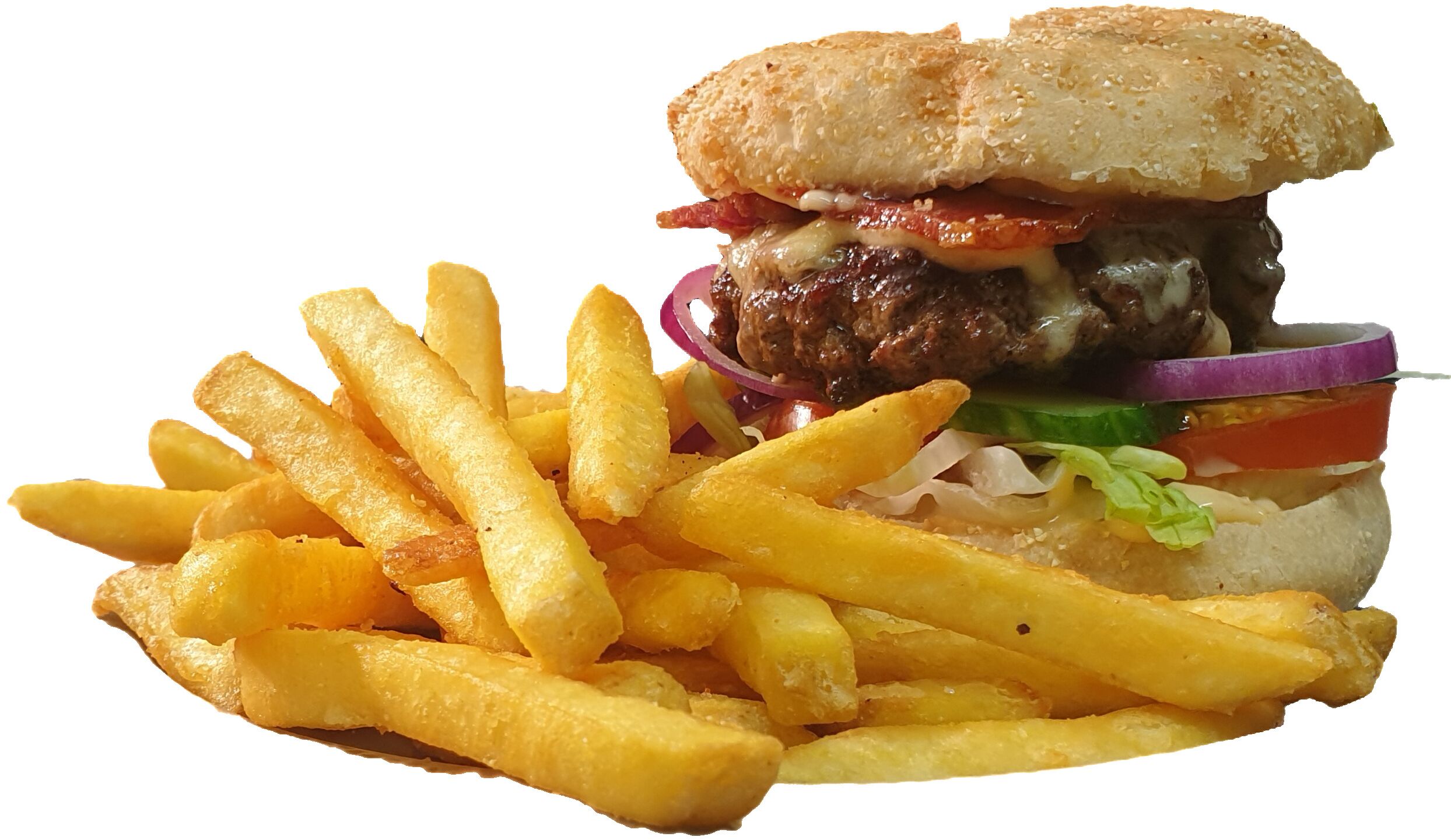 Una hamburguesa acompañada de papas fritas.