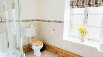 Baño con inodoro, ducha y ventana con cortina.