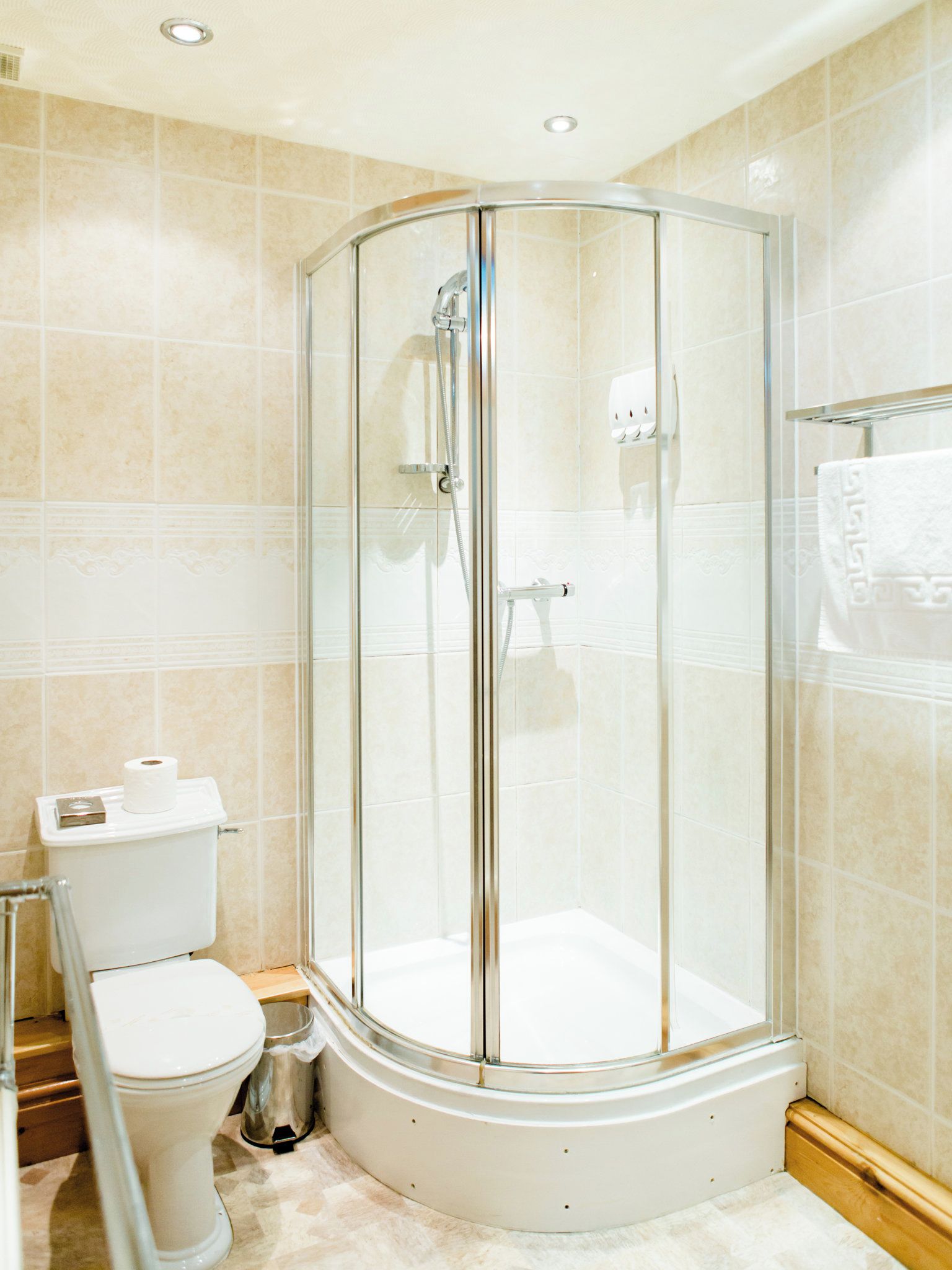 A corner bathroom with a glass-enclosed shower, a toilet, and a towel rack.